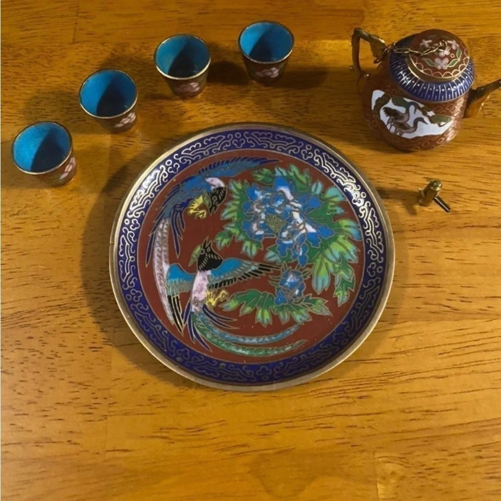 Cloisonné Decorative Plate with Bird & Floral Motif in Blue and Red